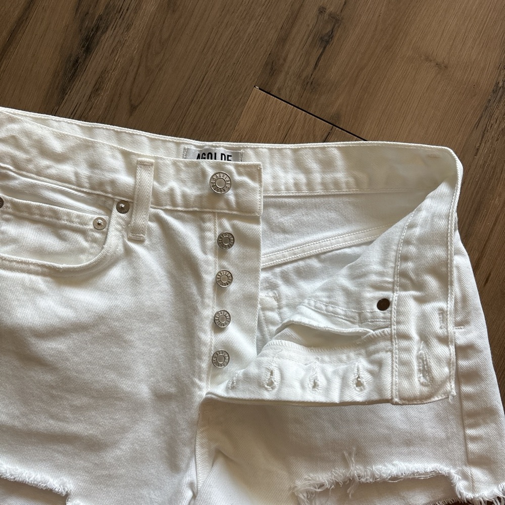Agolde White Jean Shorts Distressed Frayed Hem - Picture 3 of 6